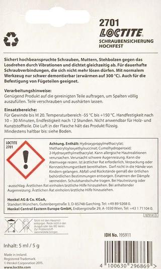 Герметик Фіксатор нарізі Loctite 2701 зелений (29686)